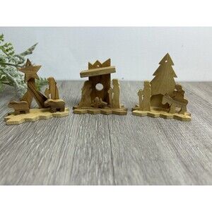 Set Of 3 Wooden Hand Carved Bethlehem Holy Land Christmas Figurines Ornaments